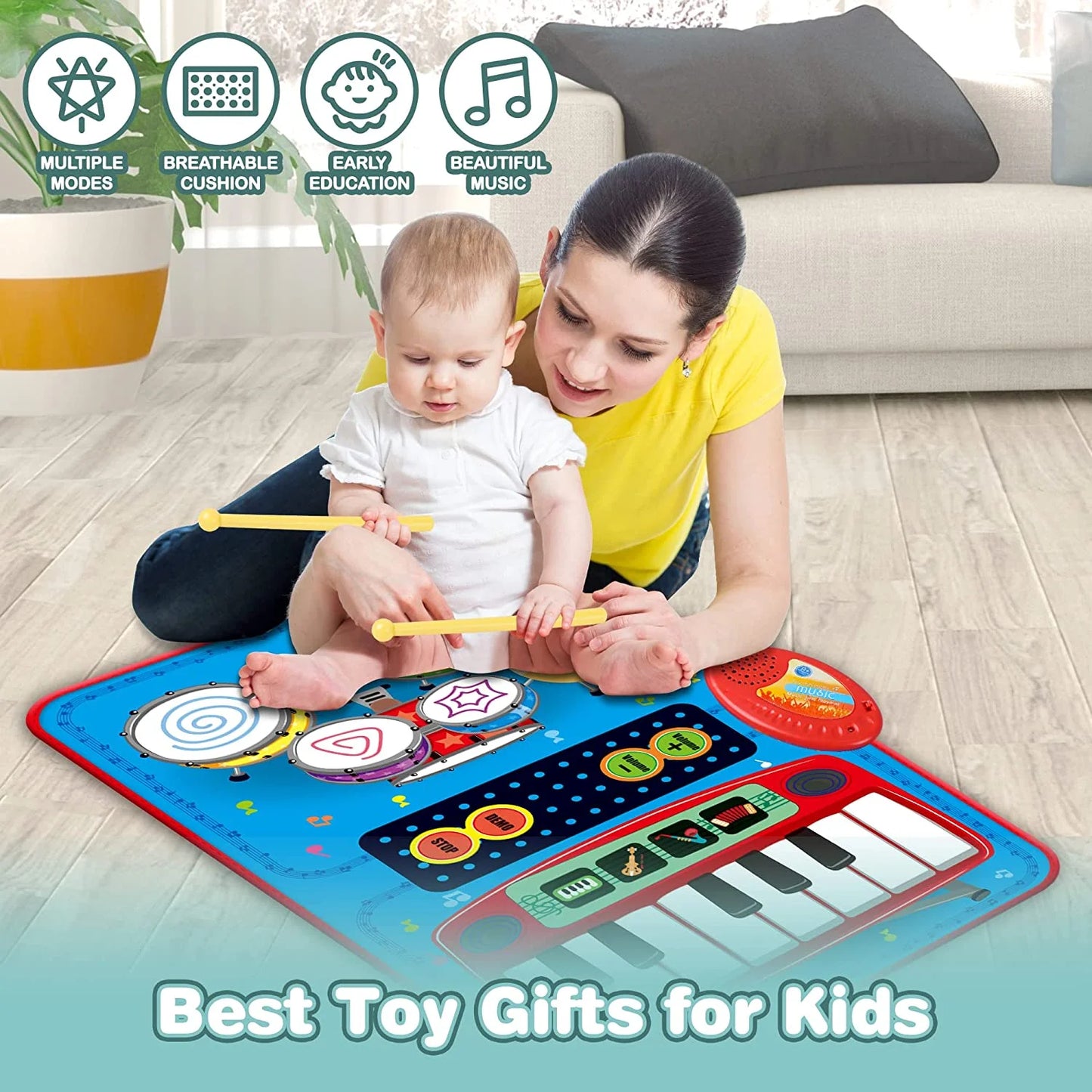 Baby Toys for 1 Year Old Boys & Girls, 2 in 1 Musical Toys, Toddler Piano & Electronic Drum Mat with 2 Sticks, Learning Floor Blanket, Birthday Gifts for 1 2 3 Year Old Boys & Girls