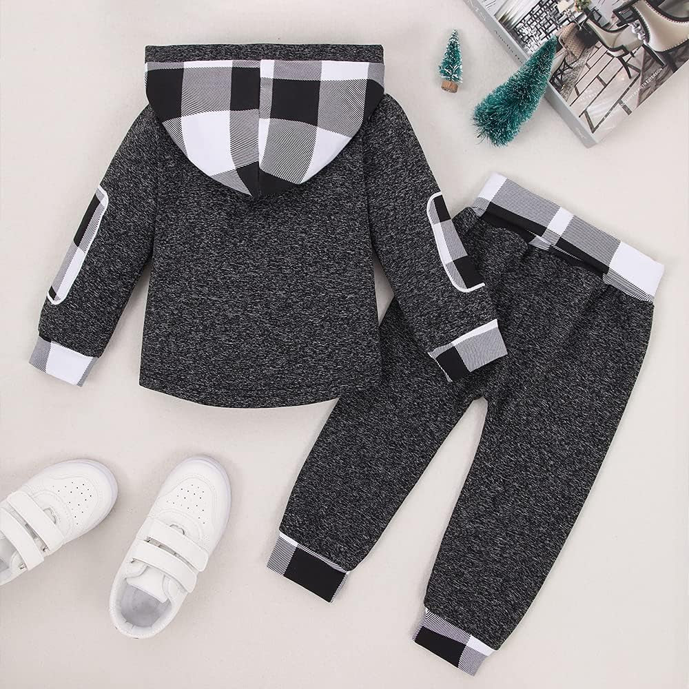 Toddler Baby Boys Plaid Hoodie Sweatshirt Set Long Sleeve Top with Pocket Infant Fall Tartan Pants Winter 2Pcs Outfits