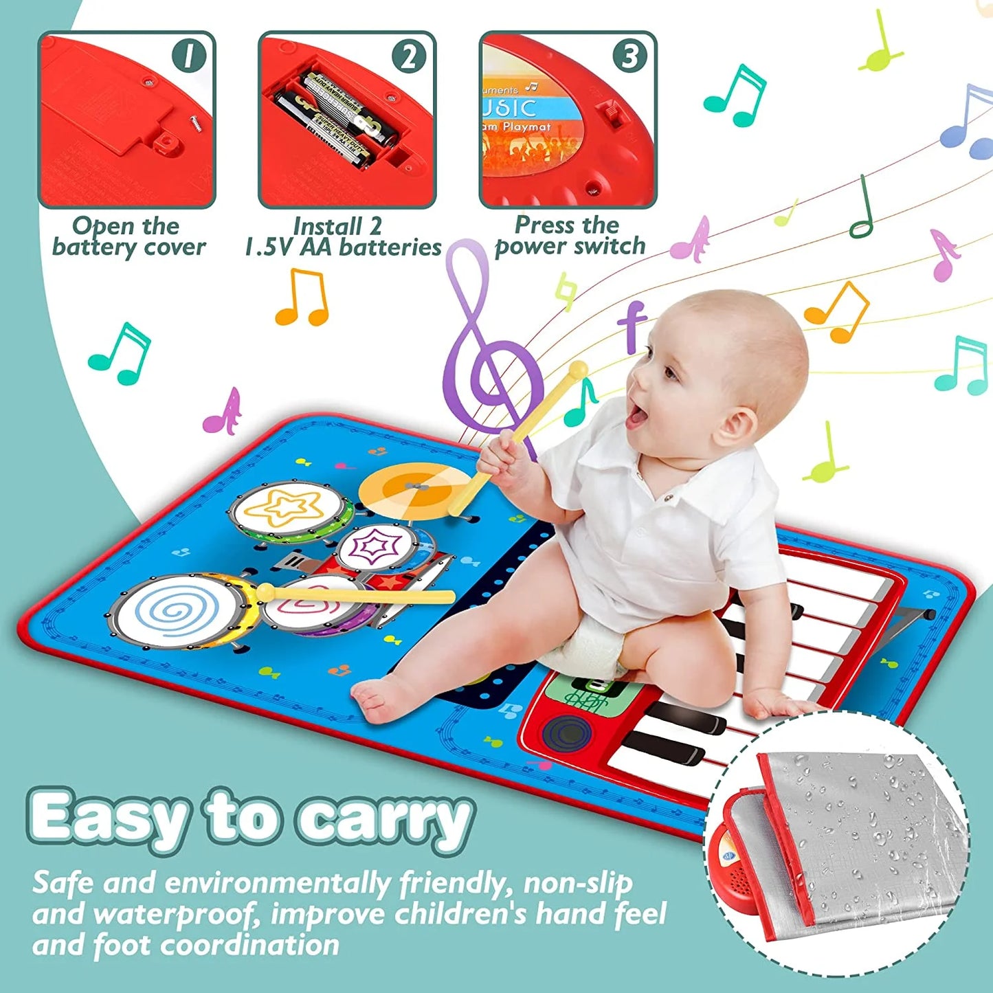 Baby Toys for 1 Year Old Boys & Girls, 2 in 1 Musical Toys, Toddler Piano & Electronic Drum Mat with 2 Sticks, Learning Floor Blanket, Birthday Gifts for 1 2 3 Year Old Boys & Girls