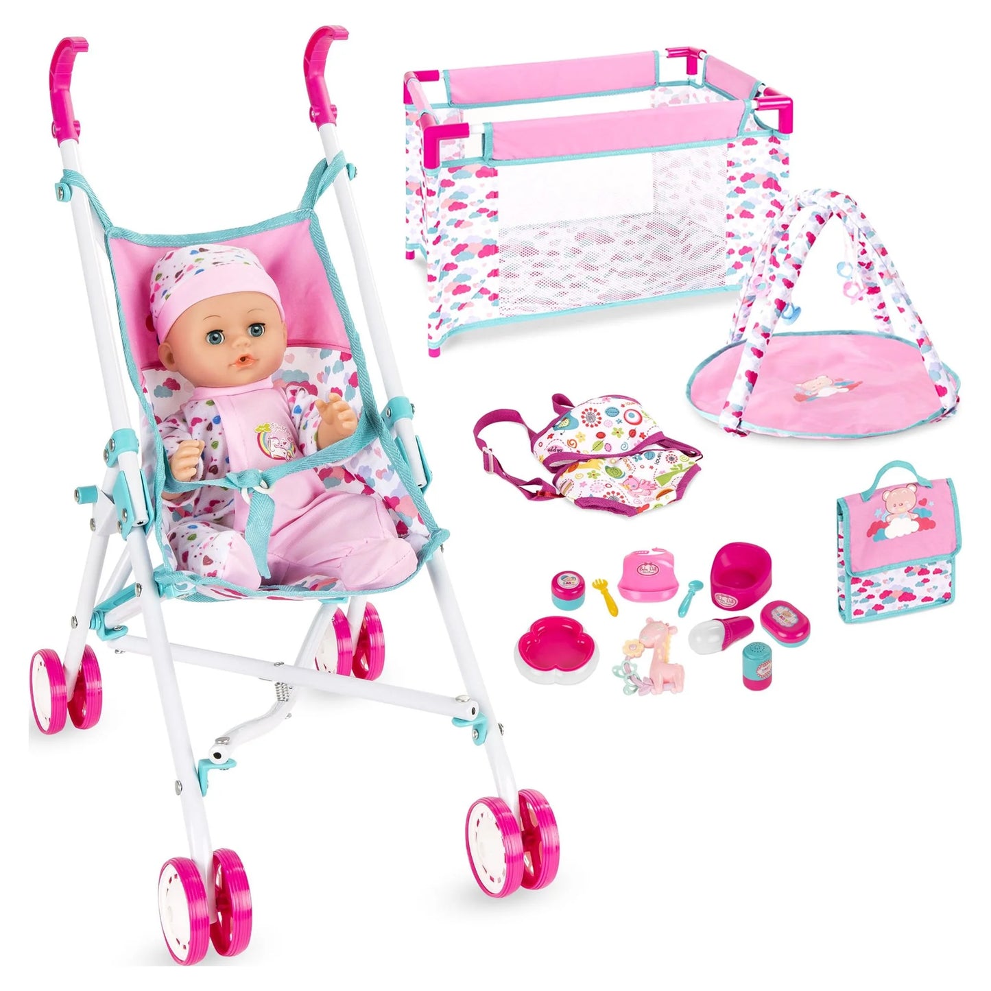 Kids 15-Piece 13.5In Newborn Baby Doll Nursery Role Play Playset W/ Stroller, Cot, Bag, Accessories