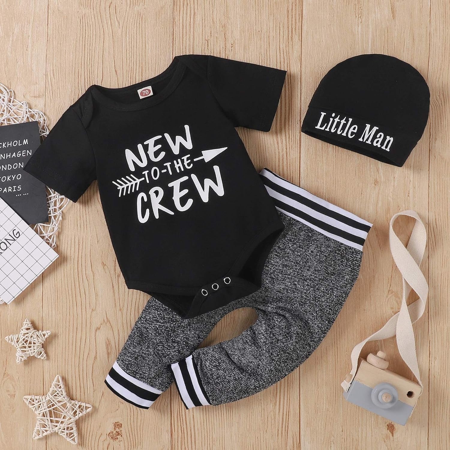 Baby Boy Clothes Newborn Outfits Set Funny Cute Romper Pants Hat 3Pcs Black 6-12 Months