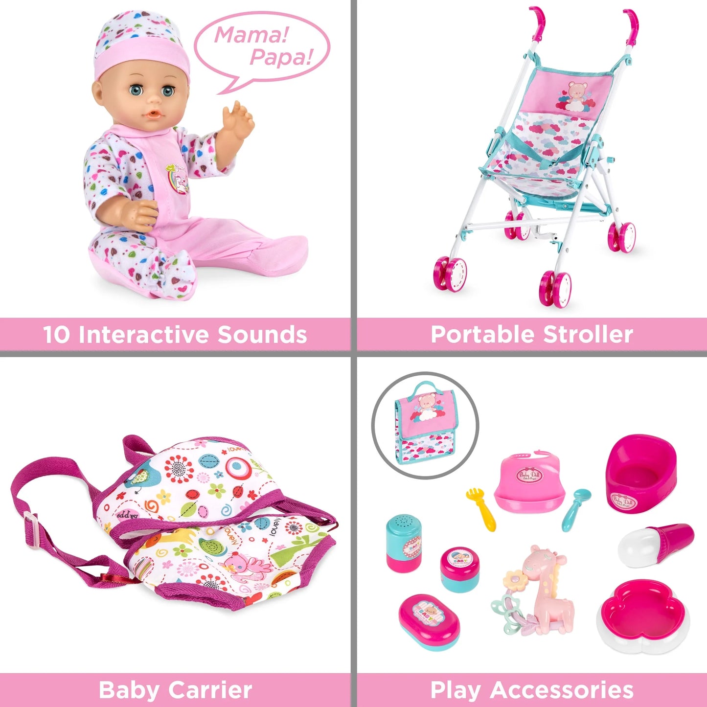 Kids 15-Piece 13.5In Newborn Baby Doll Nursery Role Play Playset W/ Stroller, Cot, Bag, Accessories