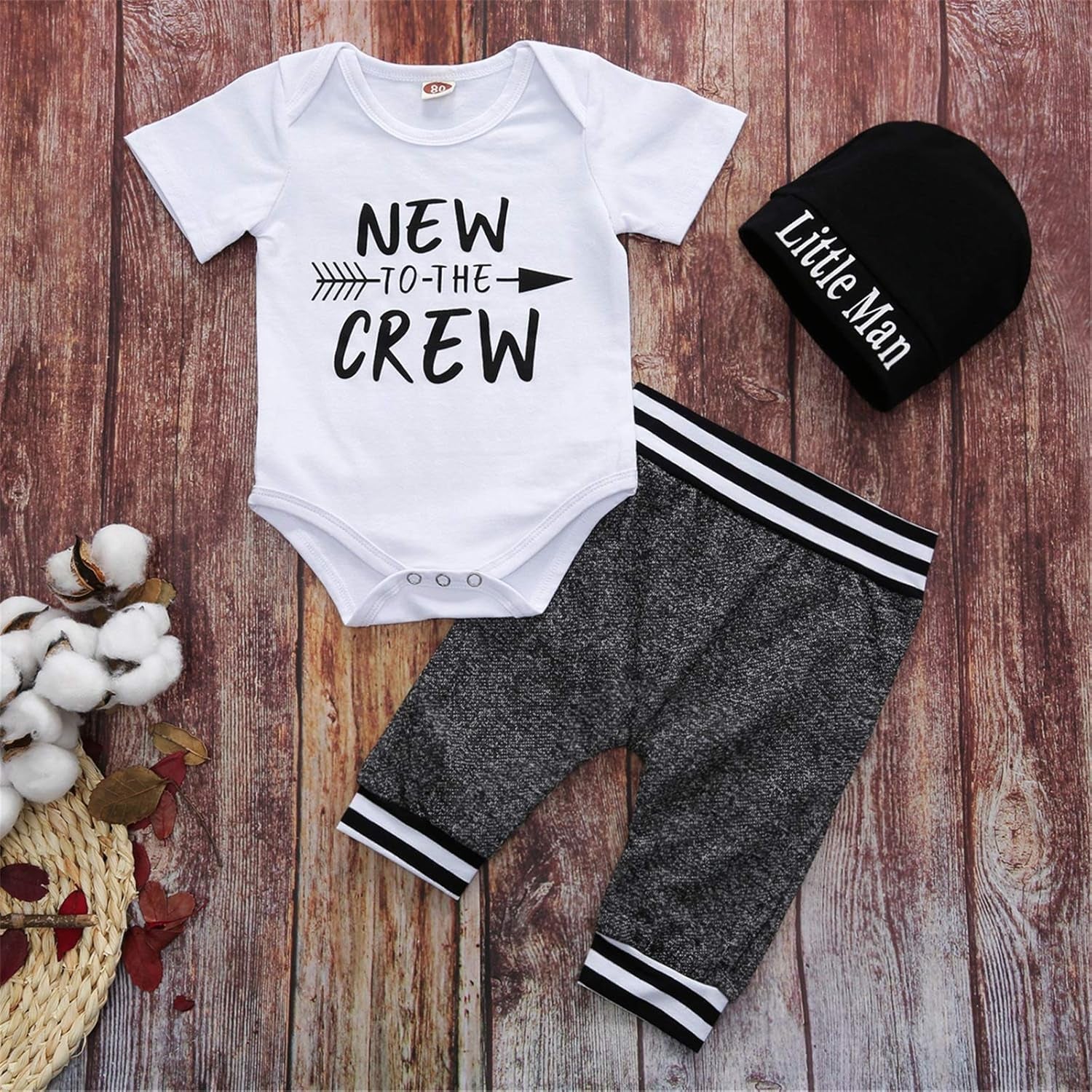 Baby Boy Clothes Stuff Infant Summer 3 Piece Outfits Newborn Cute Letter Printed Romper Short Sleeve + Pants + Hat New to the Crew White Grey 3-6 Months 80CM