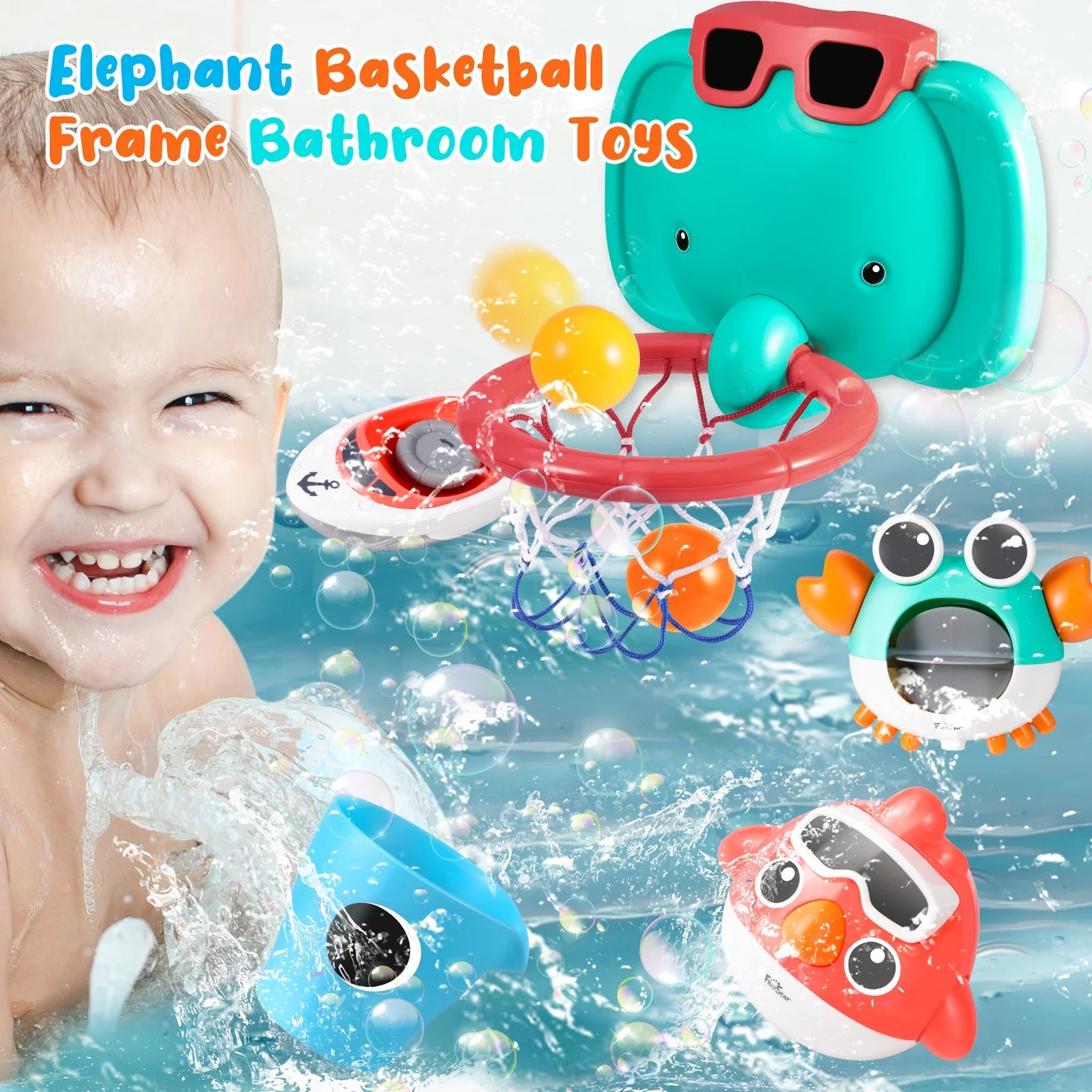 Baby Bath Toys, Elephant Basketball Hoop Bathroom Baby Toys for Babies Boys Girls, Baby Bathtub Playset with Bird, Crab, Clouds, Yacht Best Bath Gift for Toddlers 1-3