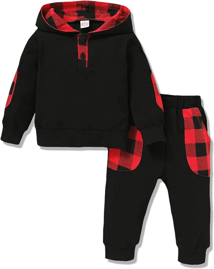 Baby Boy Clothes 2PCS Toddler Sweatshirt Hooded Classic Plaid Letter Printed Hoodies Camo Pants(Black,2-3T)