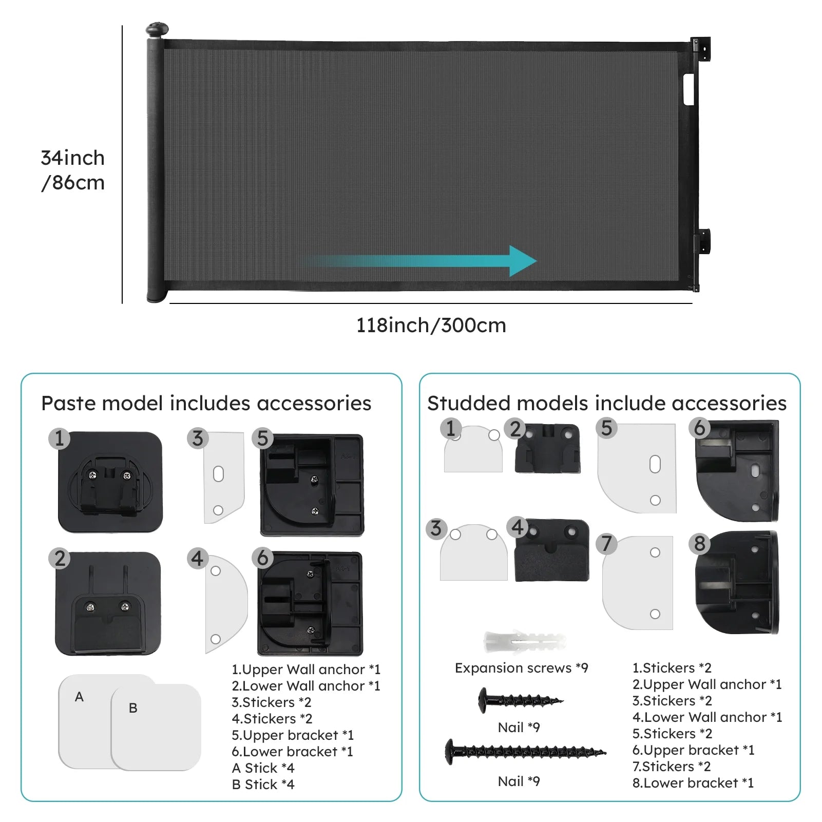 118Inch Retractable Baby Gate Extra Wide for Doorways,Mesh Extra Long Dog Gate for Stairs,Child Safety Extra Large Gate for Doorways, Stairs, Hallways, Indoor/Outdoor(Black)