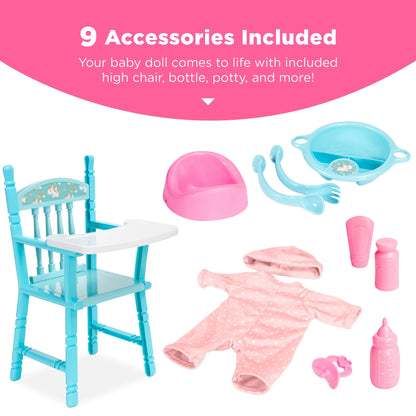 12.5In Realistic Baby Doll with Soft Body, Highchair, Potty, Pacifier, Bottle, 9 Accessories