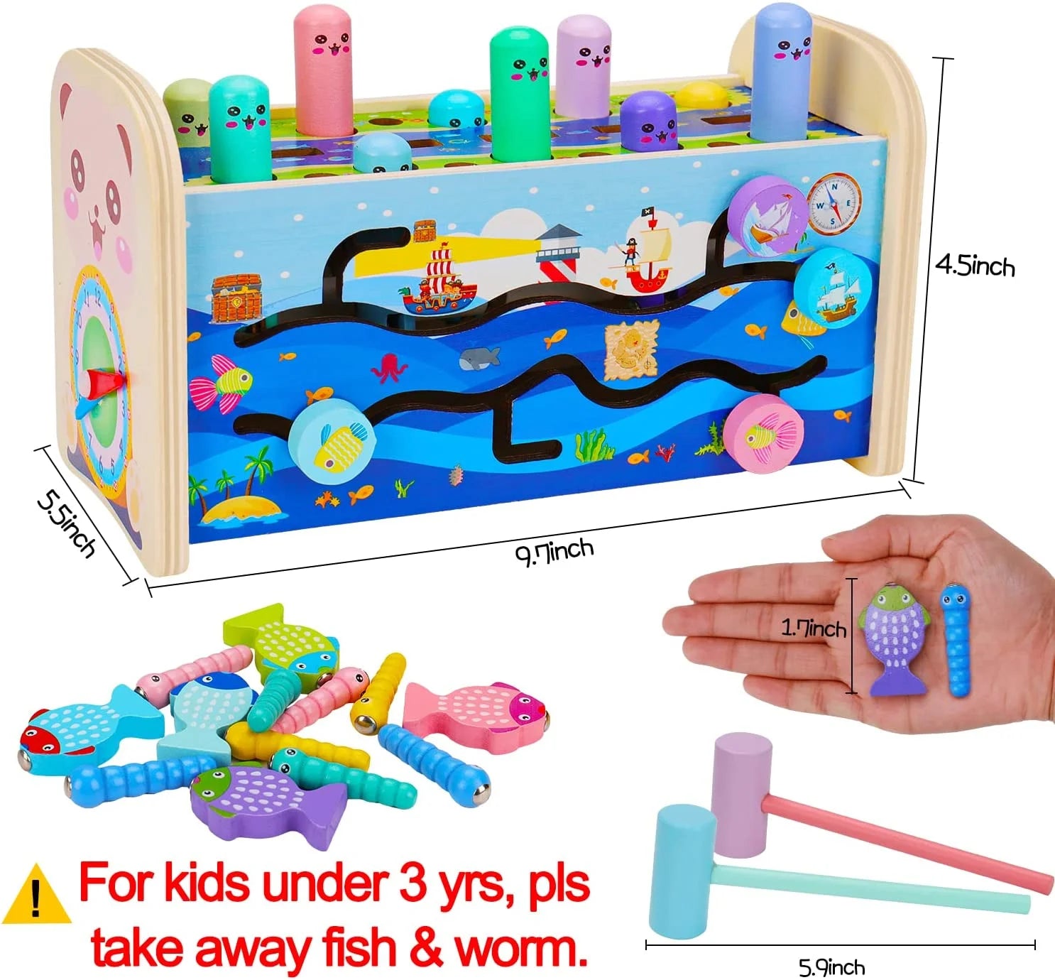 4 in 1 Hammering Pounding Toys Wooden Montessori Educational Fishing Game Xylophone Toy for 1 2 3 Year Old Baby Sensory Developmental Toy Fine Motor Skill Preschool Toddler Activities Age 1-2 2-4 Gift