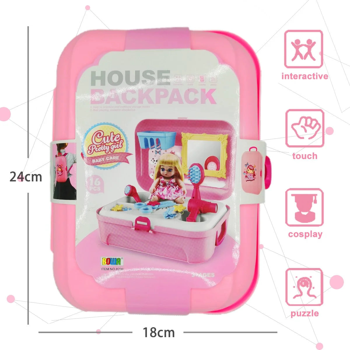 Little Princess Dressing up Toys with Backpack, Pretend Play Bath Set for Girls, Baby Doll Accessories Set for for 3 4 5 Year Old Toddlers (16 Pcs)