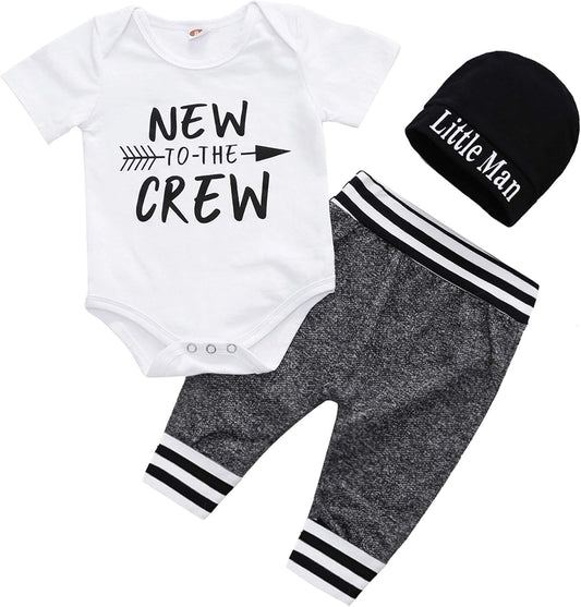 Baby Boy Clothes Stuff Infant Summer 3 Piece Outfits Newborn Cute Letter Printed Romper Short Sleeve + Pants + Hat New to the Crew White Grey 3-6 Months 80CM