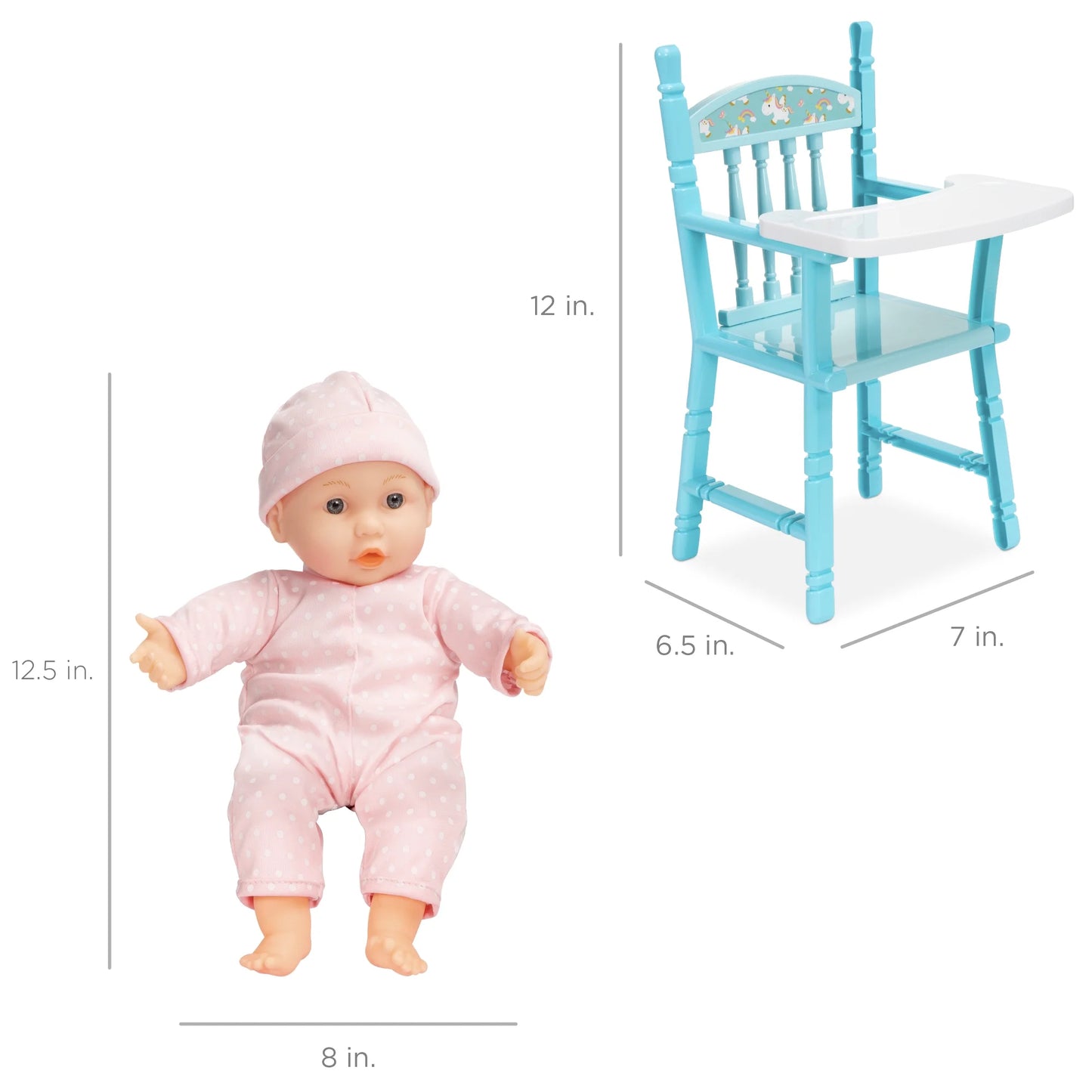 12.5In Realistic Baby Doll with Soft Body, Highchair, Potty, Pacifier, Bottle, 9 Accessories