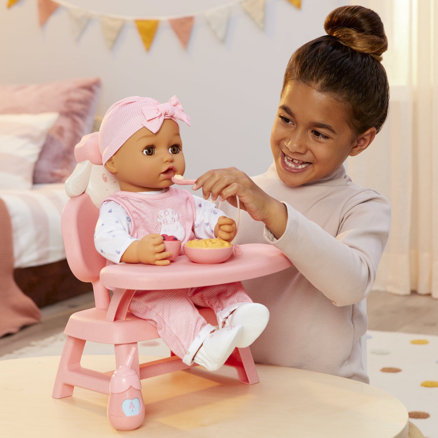 Baby Doll Mealtime Table - with Food, Sturdy, High-End Design, Fits Dolls to 17", Kids 3 +