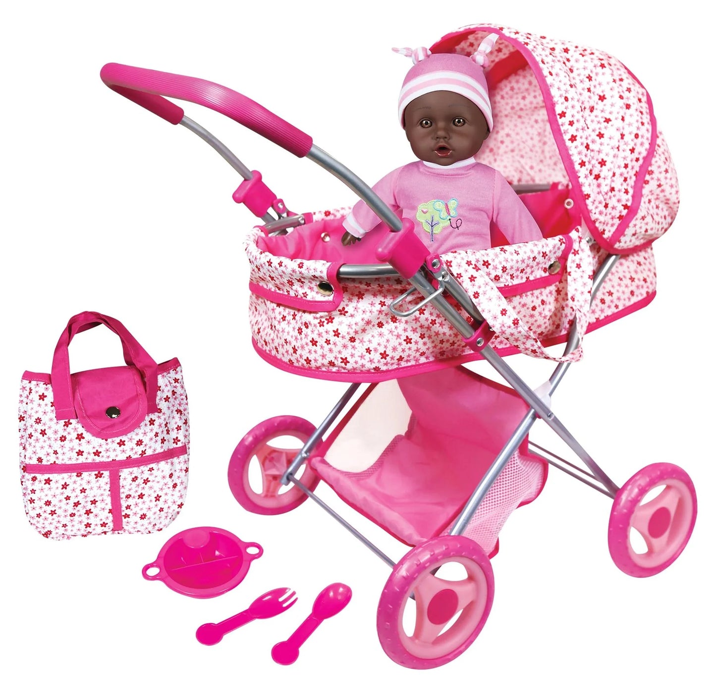 Deluxe Doll Pram with 13" African American Baby Doll Accessories, Pink