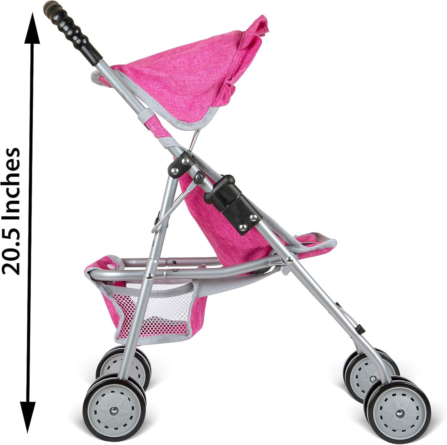 Doll Stroller with Basket, My First Denim Pink Foldable Baby Doll Umbrella Doll Stroller Fits Upto 18" Dolls, Gift Toys for Girls,Baby Doll Accessories Include 2 Free Magic Bottles