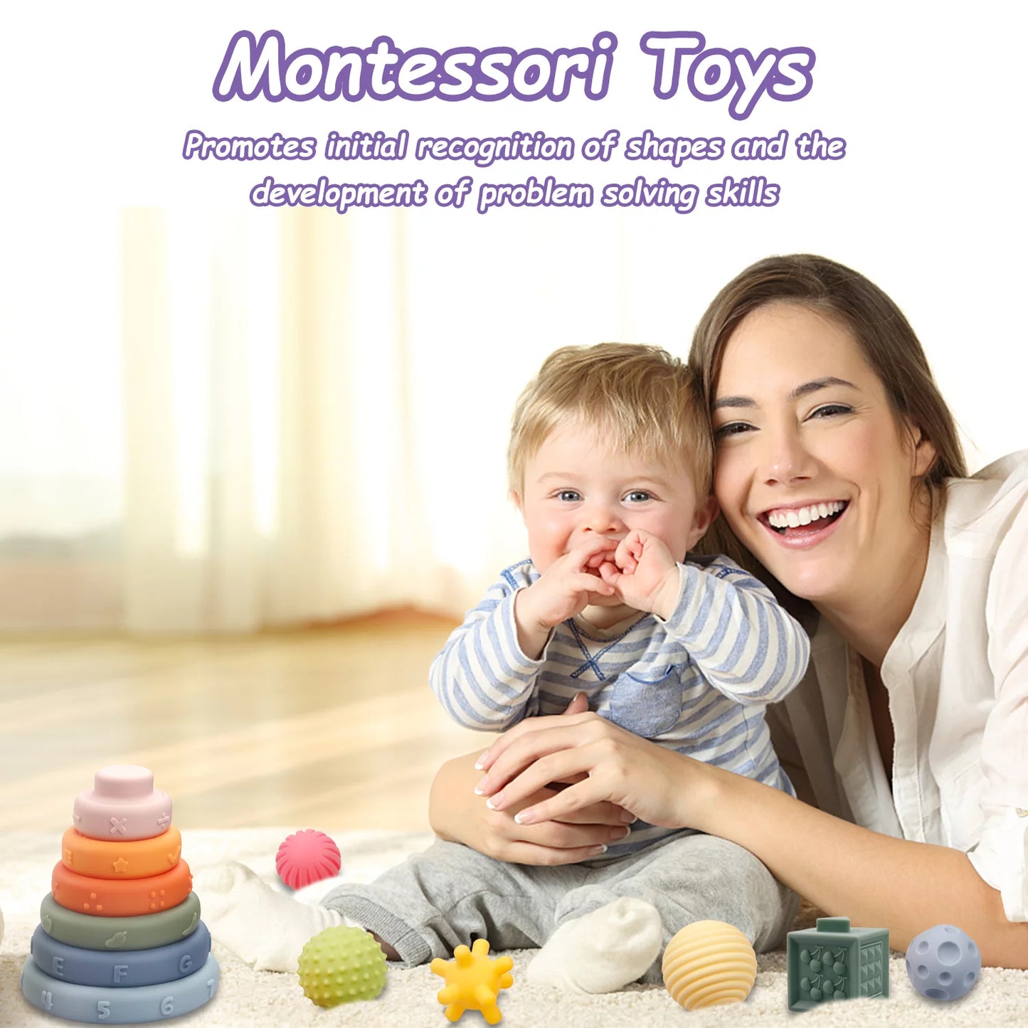 Montessori Toys for Babies,3 in 1 Baby Toys,Soft Stacking Building Blocks Rings Balls Sets,Soft Sensory Toys for Babies 0-6 Months,Child Teething Toys for 1-3 Year Old Gift