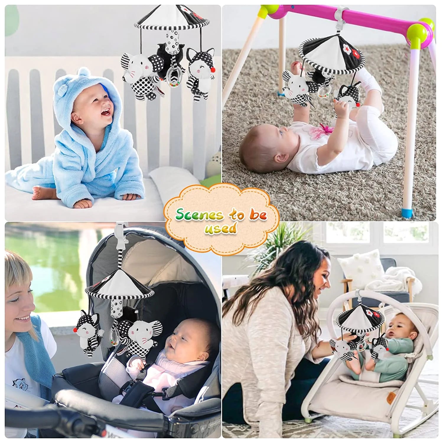 Baby Toys for 0 3 6 9 to 12 Month, Newborn Stroller Toys Hanging Baby Rattle Toys, Soft Plush Black and White High Contrast Sensory Toys, Baby Bed Crib Travel Car Seat Toy Infant Toys