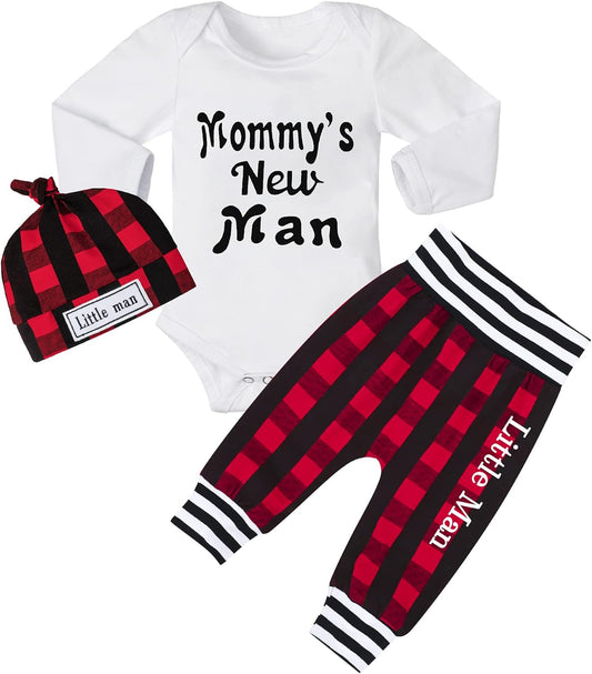 Newborn Baby Boy Clothes New to the Crew Letter Print Romper+ Pants+Hat 3PCS Outfit