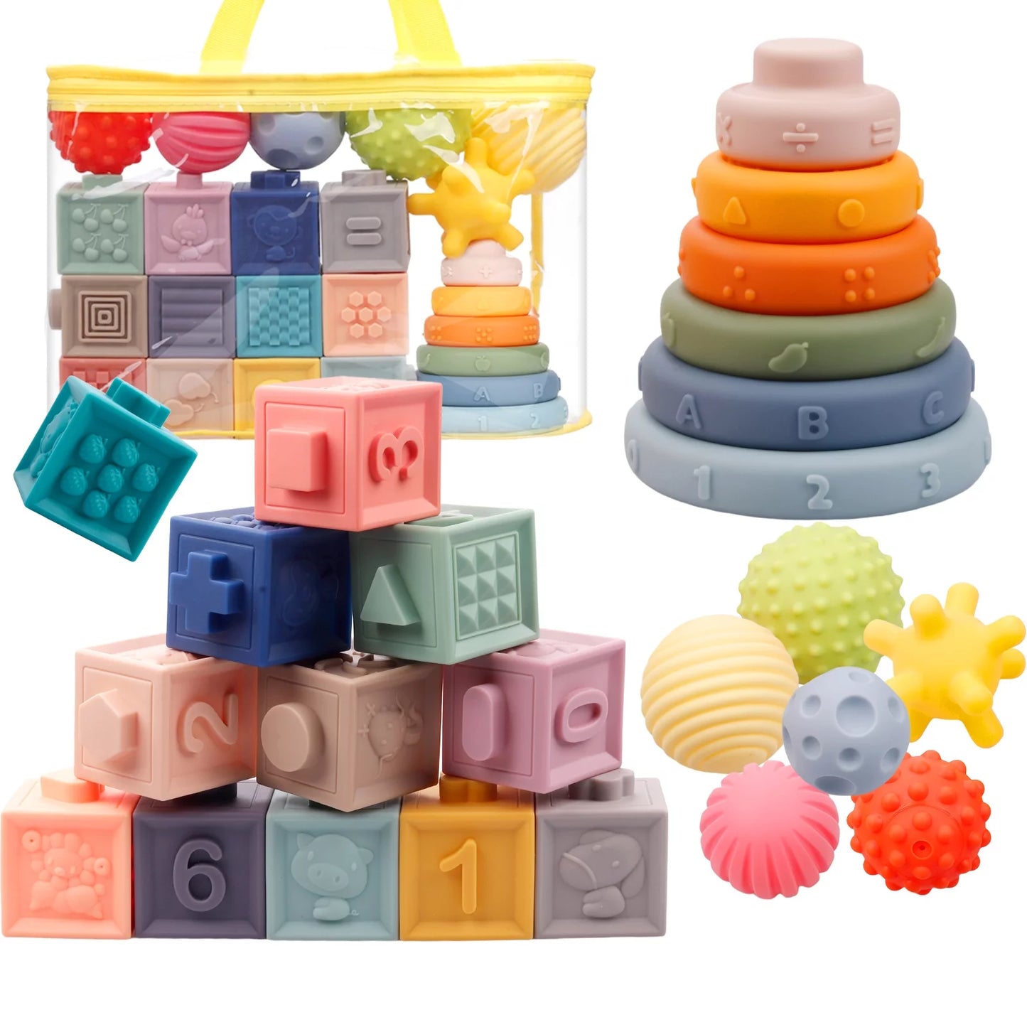 Montessori Toys for Babies,3 in 1 Baby Toys,Soft Stacking Building Blocks Rings Balls Sets,Soft Sensory Toys for Babies 0-6 Months,Child Teething Toys for 1-3 Year Old Gift