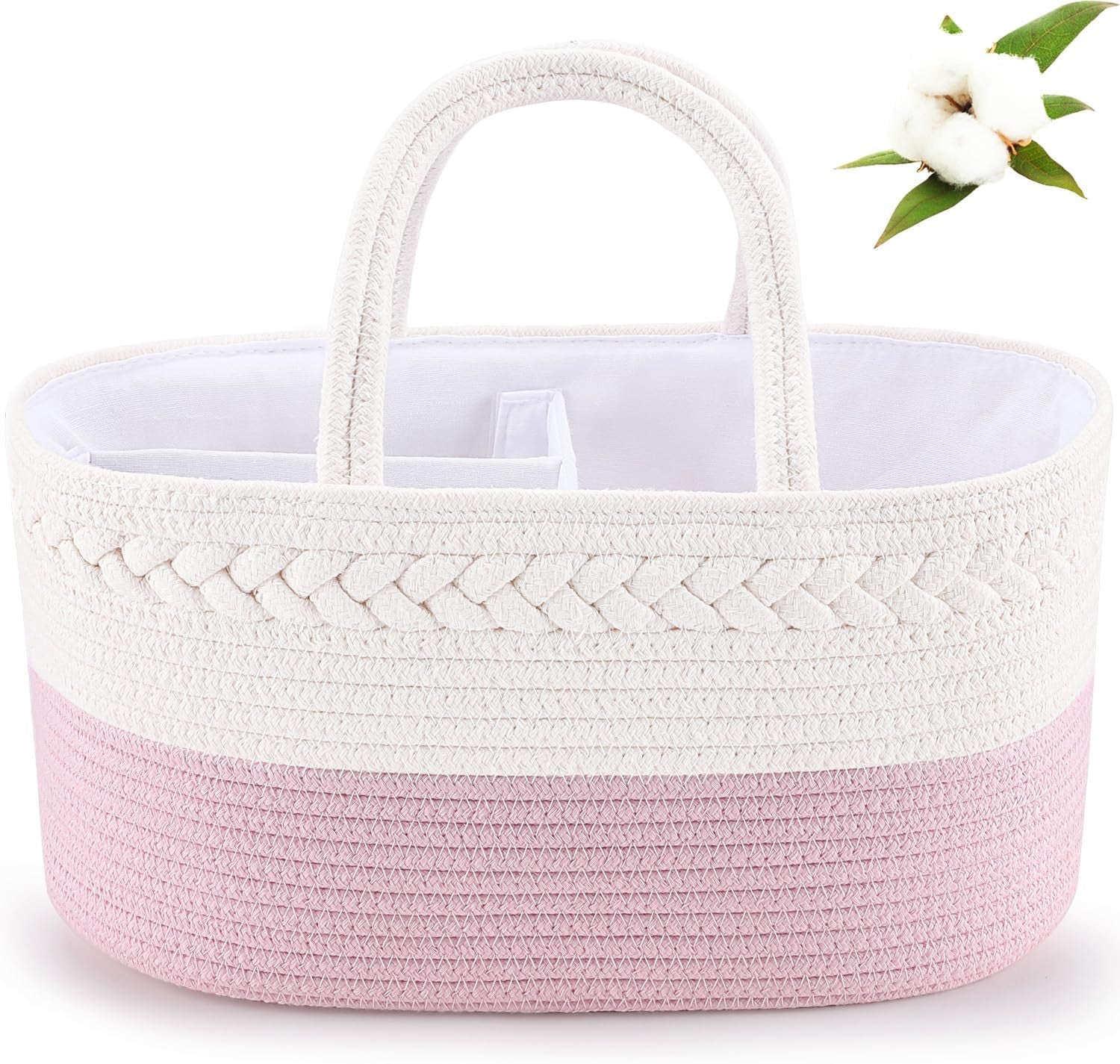 Diaper Caddy Organizer, Cotton Rope Nursery Baby Basket, Changing Table Organizer for Baby Diaper Storage, Diaper Nursery Storage Bin for Baby Stuff, Baby Shower Gifts for Girls, Pink