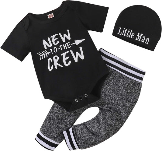 Baby Boy Clothes Newborn Outfits Set Funny Cute Romper Pants Hat 3Pcs Black 6-12 Months