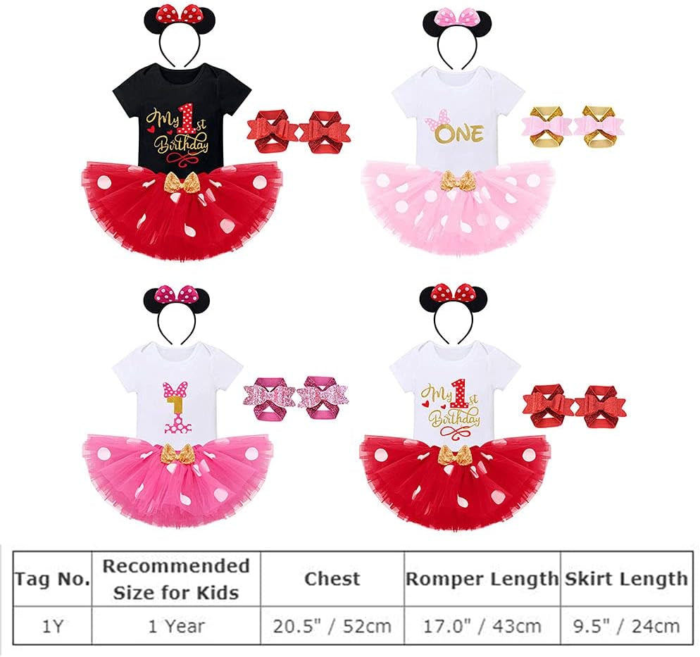 Baby Girl 1St Birthday Outfit Romper + Polka Dot Tutu Skirt + Headband + Barefoot Sandals Cake Smash Dress 4PCS Clothes Set