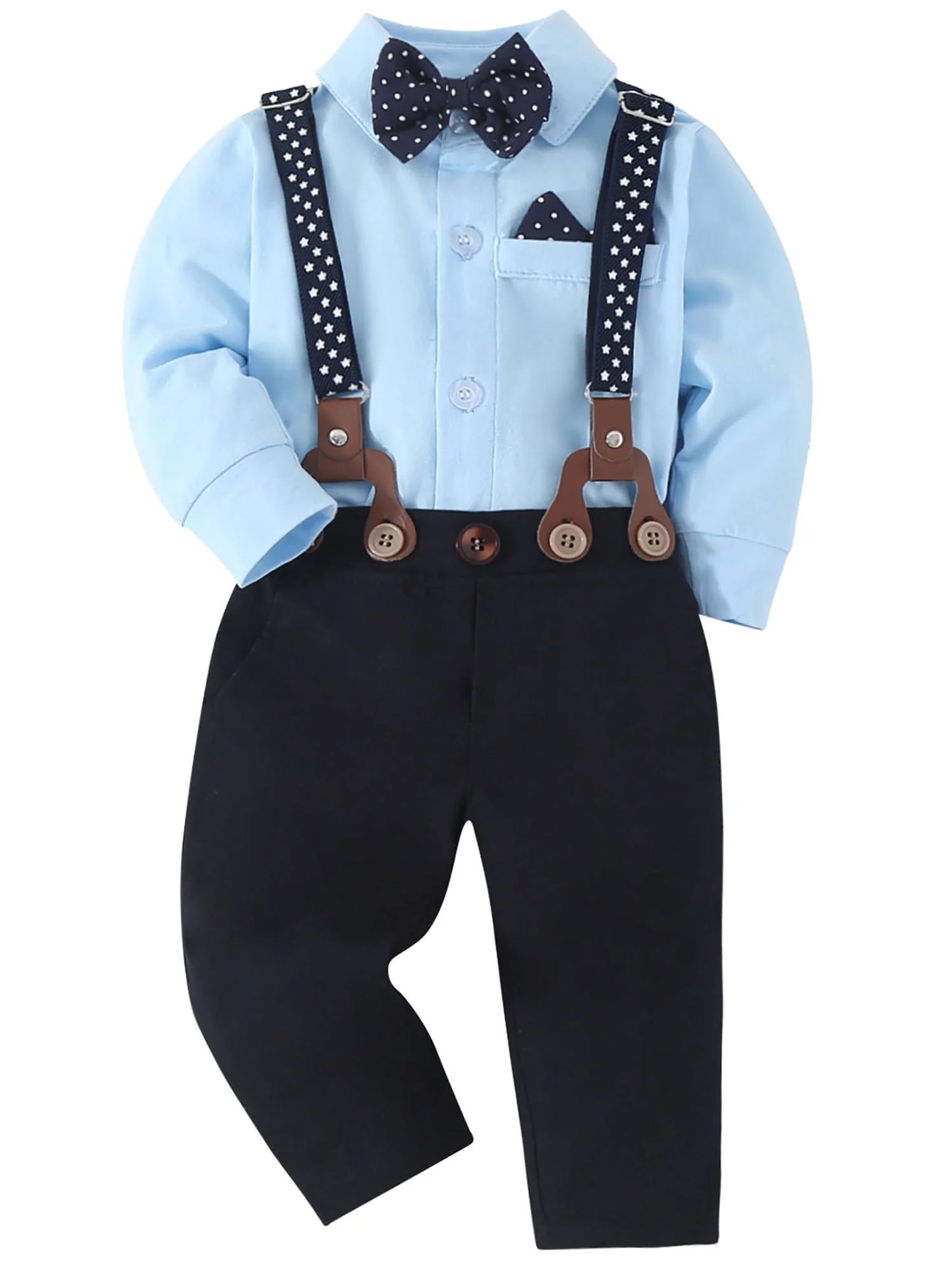 Baby Boy Clothes Infant Formal Outfit Set Cotton Fabric Shirt Bowtie Suspender Pants 0-24M