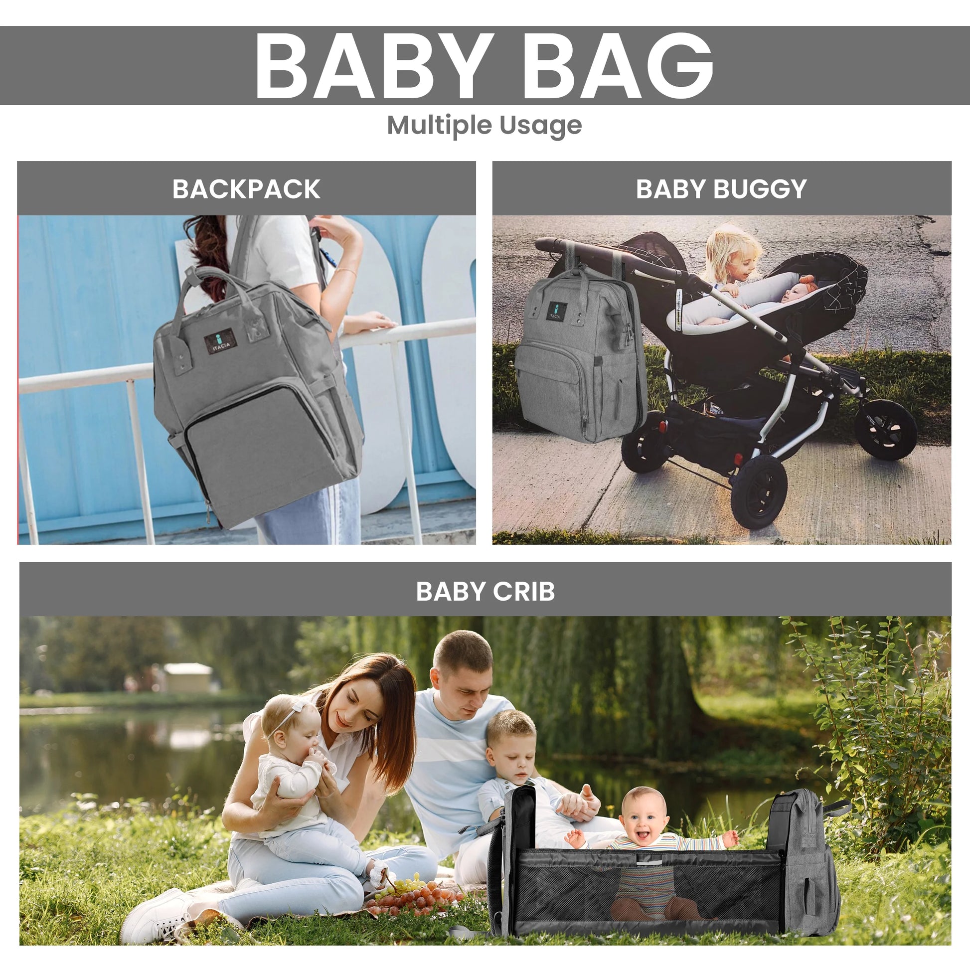 Baby Diaper Bag Backpack with Changing Station Waterproof Baby Bag, Grey