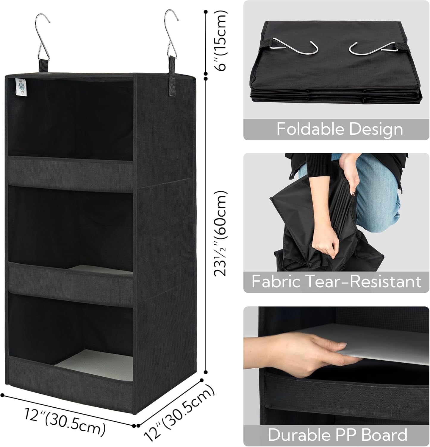 3-Shelf Hanging Closet Organizer, Collapsible Closet Hanging Shelves, Nursery Hanging Organizer, Black, 29 ½" H X 12" W X 12" D, 1-Pack