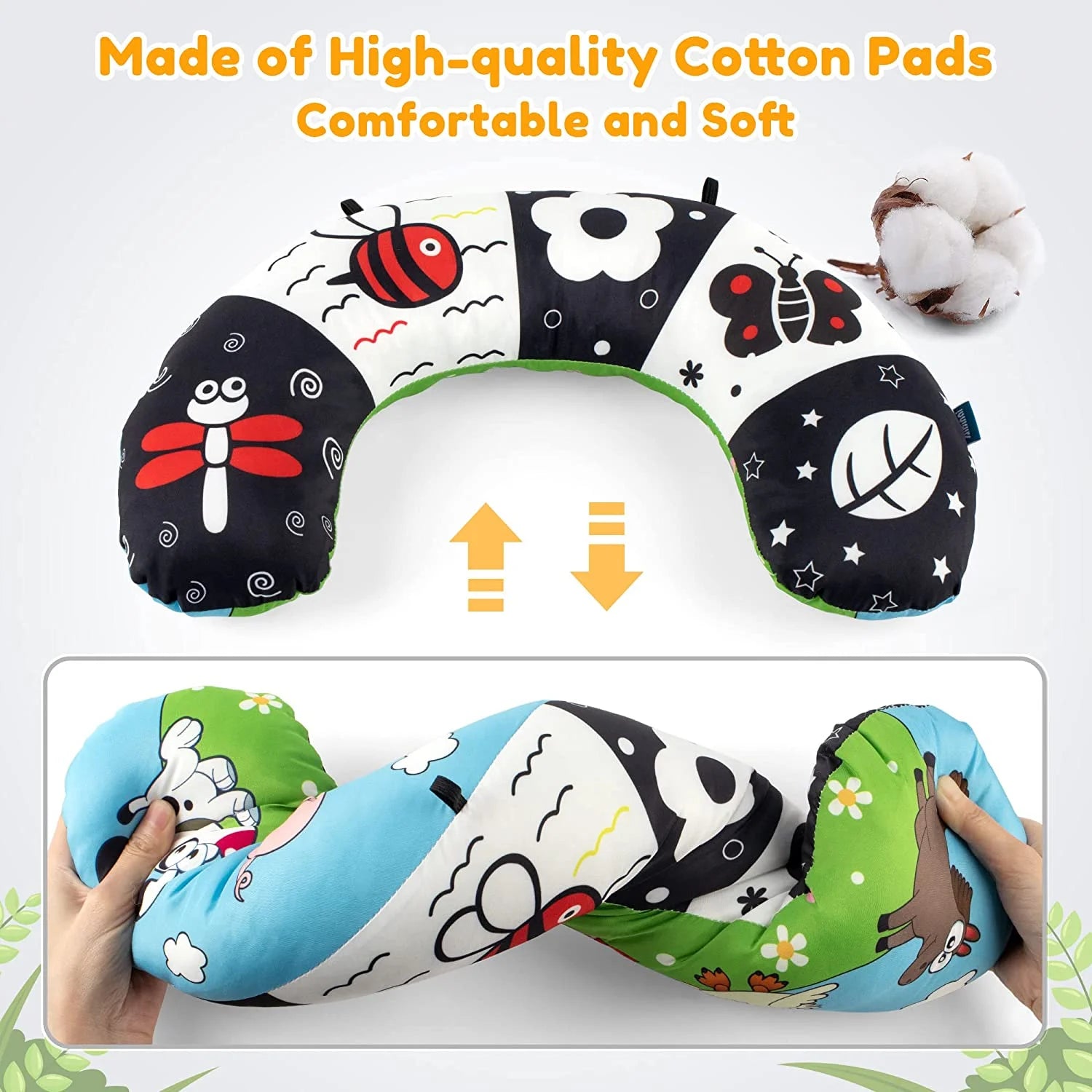 Tummy Time Pillow with 3D Crinkle Mat & Teethers, Black and White High Contrast Baby Toys with Mirror, Montessori Toy for Infant Newborn Toddler Tummy Time Pillow Toy 0-3 3-6 Month Babies Gift