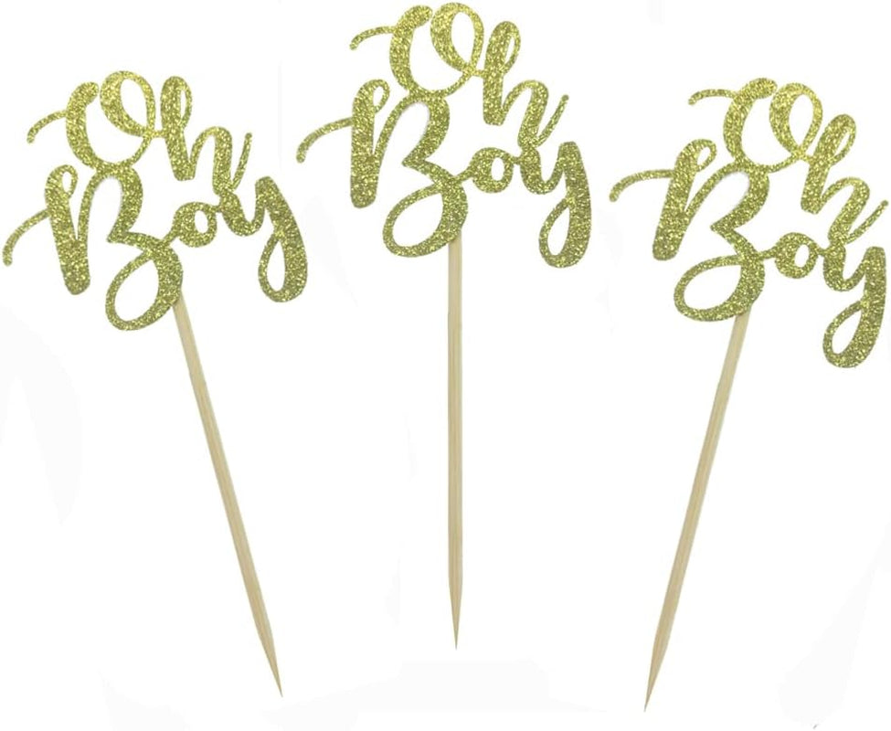 24PCS Oh Boy Gold Glitter Birthday Cupcake Toppers for Baby First Birthday Baby Shower Decoration