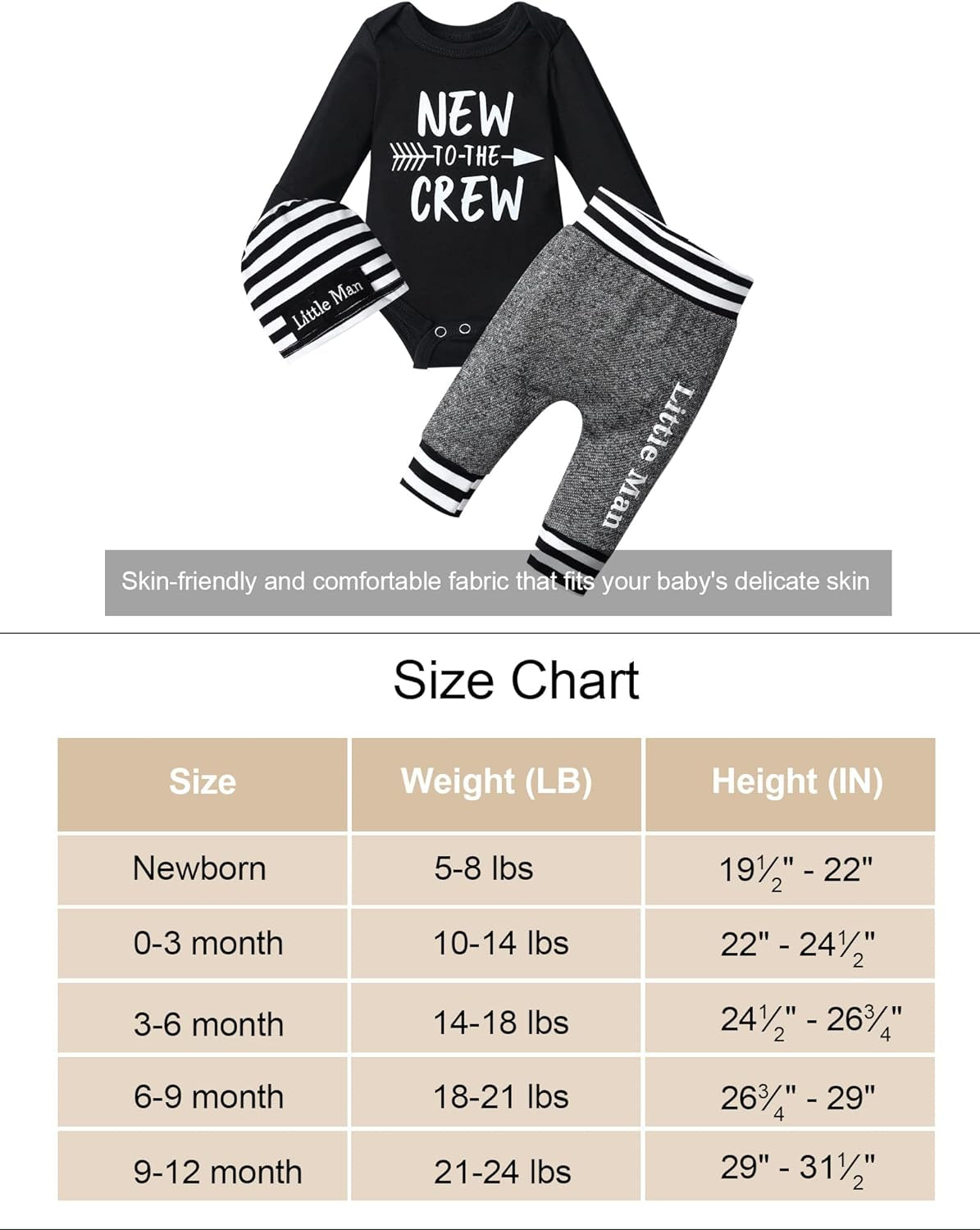 Newborn Baby Boy Clothes New to the Crew Letter Print Romper+ Pants+Hat 3PCS Outfit