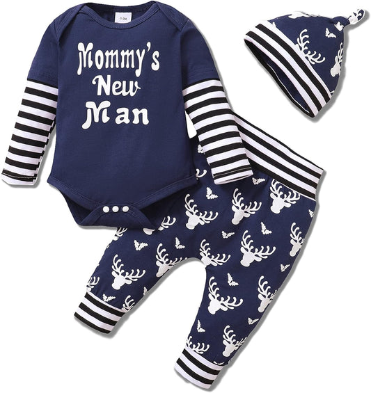 Baby Boy Clothes Newborn Boy Outfit Infant Clothes for Boys Fall Long Sleeve Romper Pants Baby Boy Outfit Set(Blue,0-3 M)