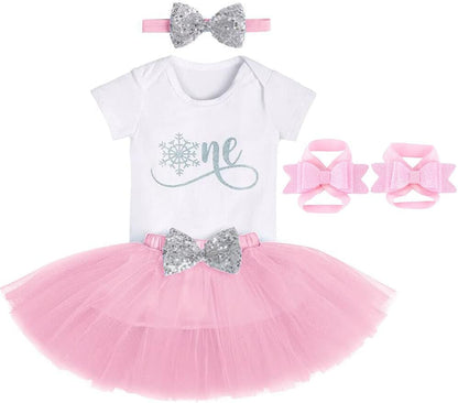 Baby Girl 1St Birthday Outfit Romper + Polka Dot Tutu Skirt + Headband + Barefoot Sandals Cake Smash Dress 4PCS Clothes Set