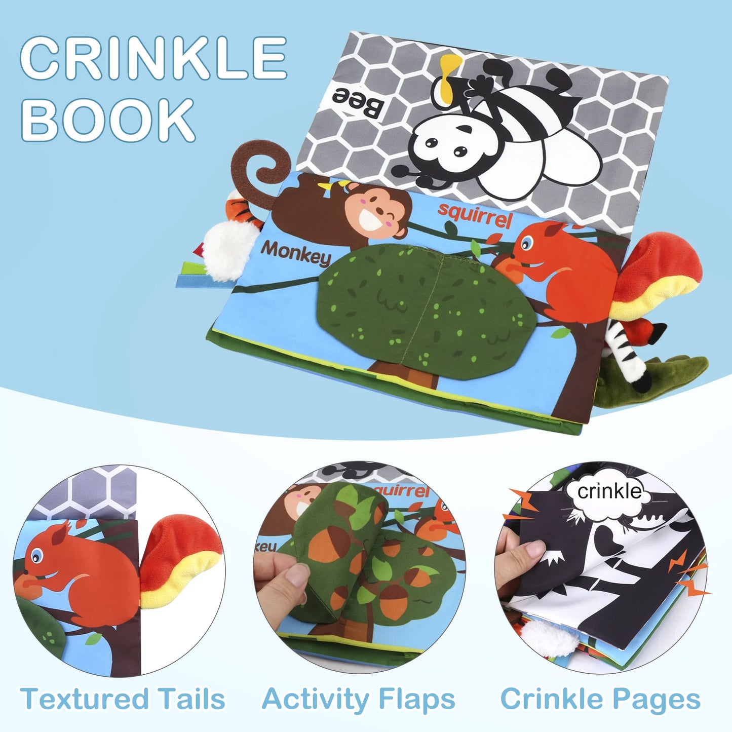 Baby Tummy Time Floor Mirror, Black and White High Contrast Baby Toys & Crinkle Cloth Book