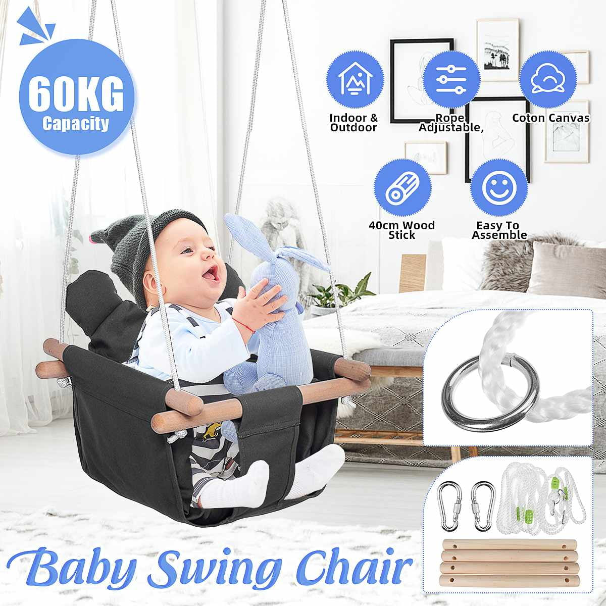 Secure Baby Hanging Swing Seat Chair for Toddler, Baby Swings for Infants, Secure Indoor & Outdoor Hammock Toy, Canvas Toddler Swing with Soft Backrest Cushion and PE Rope, Baby Hammock Chair (Grey)