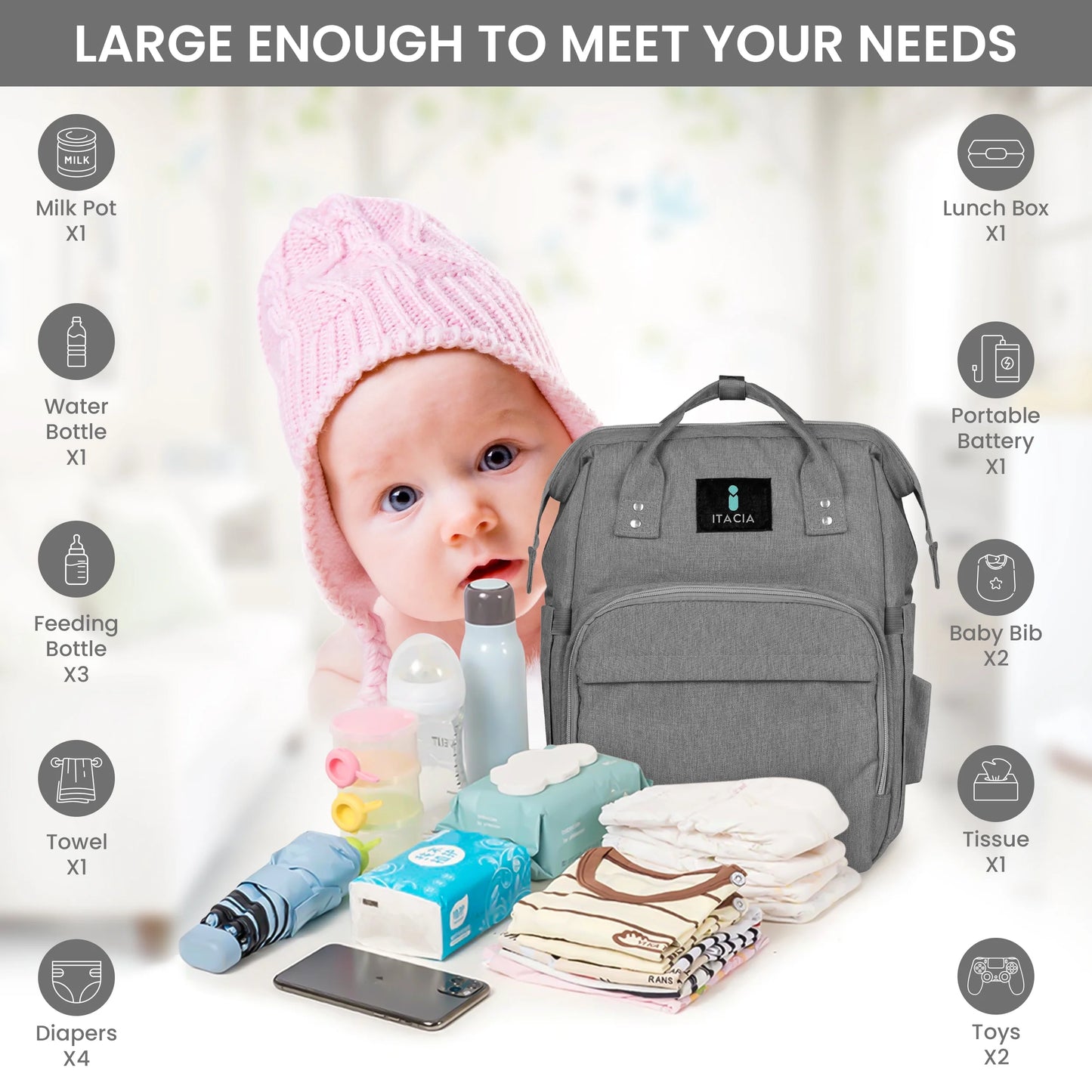 Baby Diaper Bag Backpack with Changing Station Waterproof Baby Bag, Grey