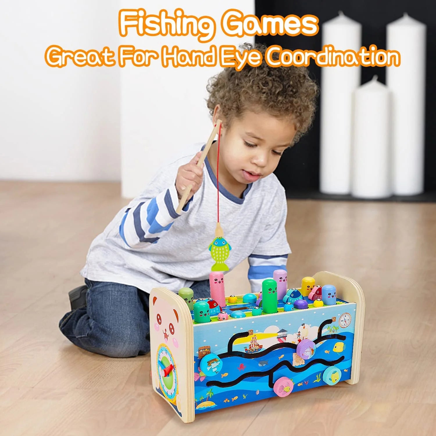 4 in 1 Hammering Pounding Toys Wooden Montessori Educational Fishing Game Xylophone Toy for 1 2 3 Year Old Baby Sensory Developmental Toy Fine Motor Skill Preschool Toddler Activities Age 1-2 2-4 Gift