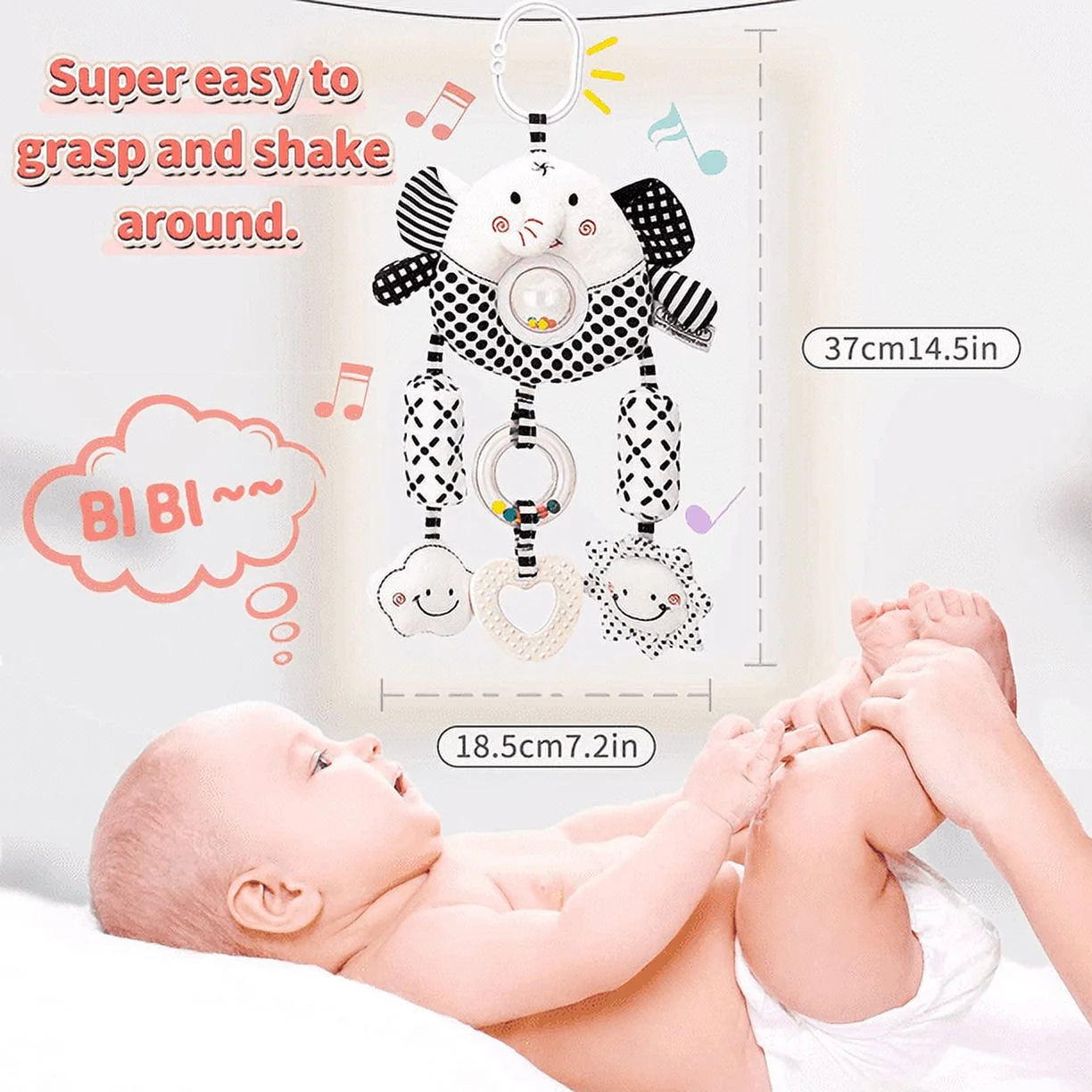 Baby Car Seat Toys Clip on Car Stroller Toys Plush Animal Shaped Hangings Rattle Activity Toy for Stroller Bar Accessories Cotton Unisex for Toddlers 3-18M