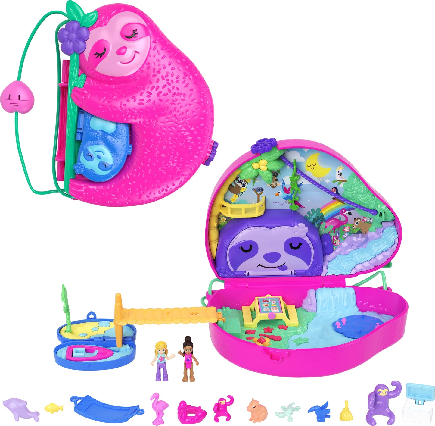 Dolls and Micro Playset, Travel Toys, Sloth Family 2-In-1 Purse Compact and Accessories