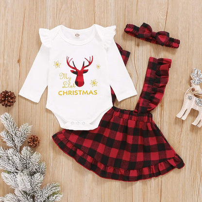 3Pcs Baby Girl My 1St Christmas Outfits Long Sleeve Shirt Dress Pants with Bowknot Headband Set