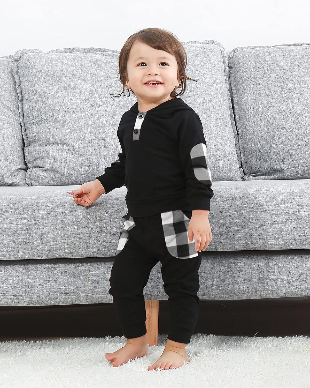 Baby Boy Clothes 2PCS Toddler Sweatshirt Hooded Classic Plaid Letter Printed Hoodies Camo Pants(Black1,12-18 Months)