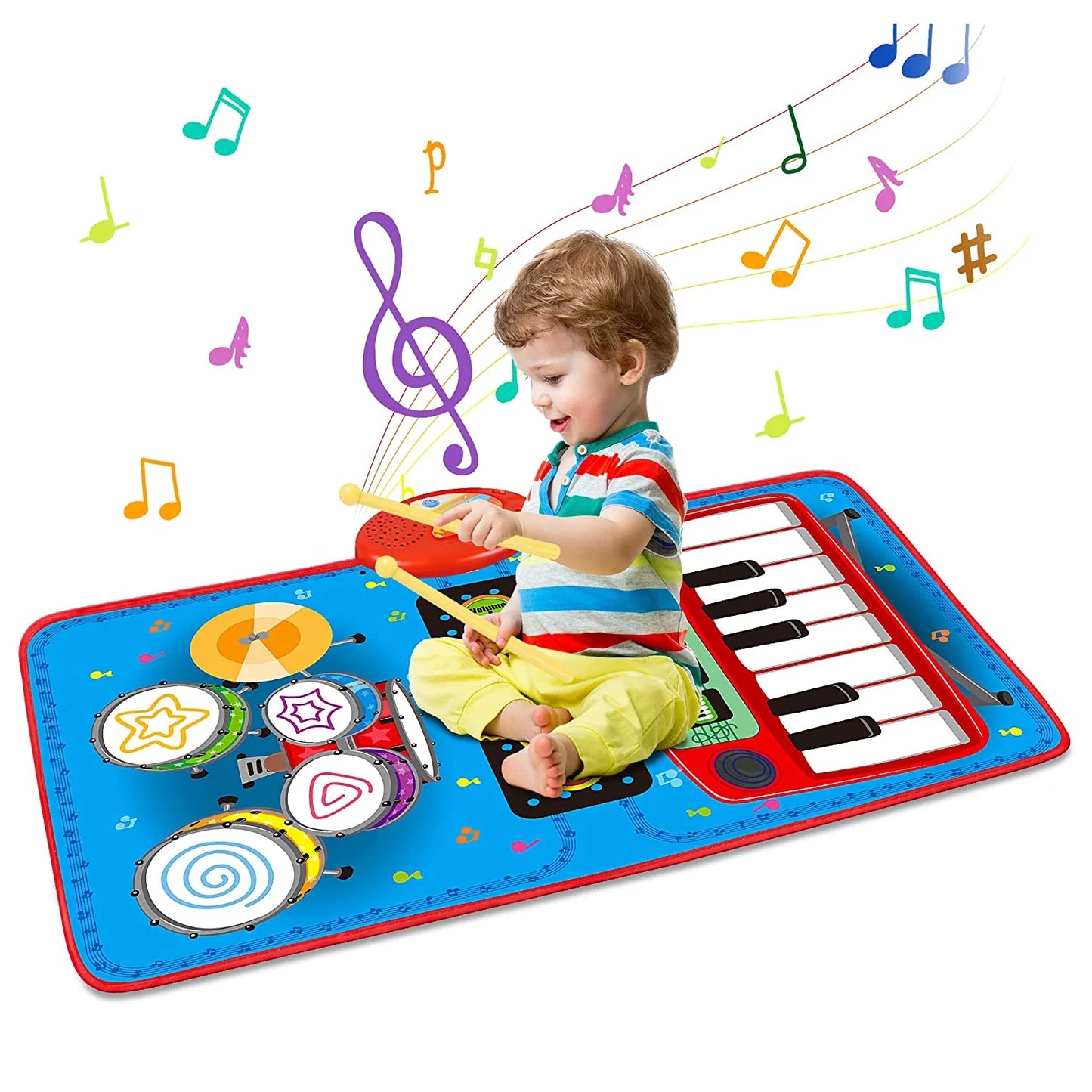 Baby Toys for 1 Year Old Boys & Girls, 2 in 1 Musical Toys, Toddler Piano & Electronic Drum Mat with 2 Sticks, Learning Floor Blanket, Birthday Gifts for 1 2 3 Year Old Boys & Girls