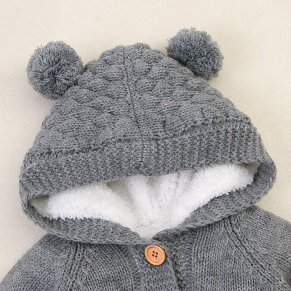 Newborn Baby Hooded Knitted Sweater Romper Fleece Lining Bodysuit Winter Snowsuit for Boy Girl