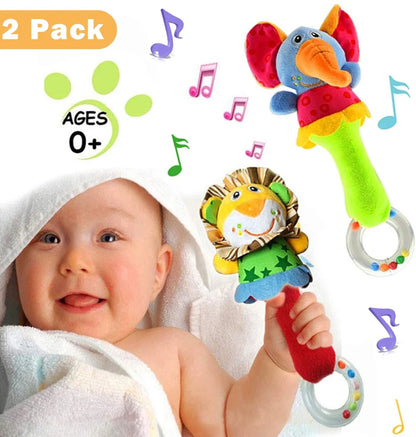 2 Pack Baby Soft Rattle Toys Fabric Ring Rattles Shaker Infant Handbells Early Development Hand Grab Sensory Toys Stuffed Animal for 3 6 9 12 Months and Newborn Toddler Boy Girl Birthday Gift