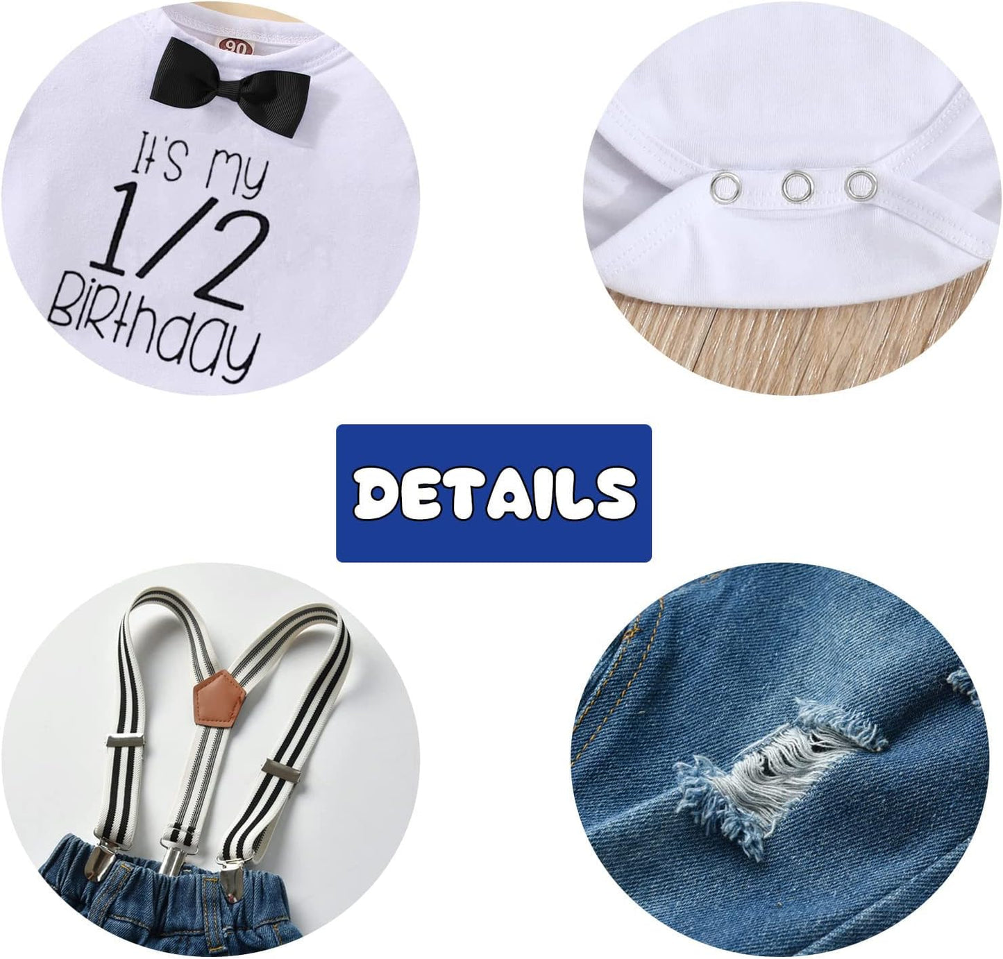 Toddler Baby Boy Birthday Clothes Set Bowtie Romper Suspenders Ripped Denim Pants Outfits