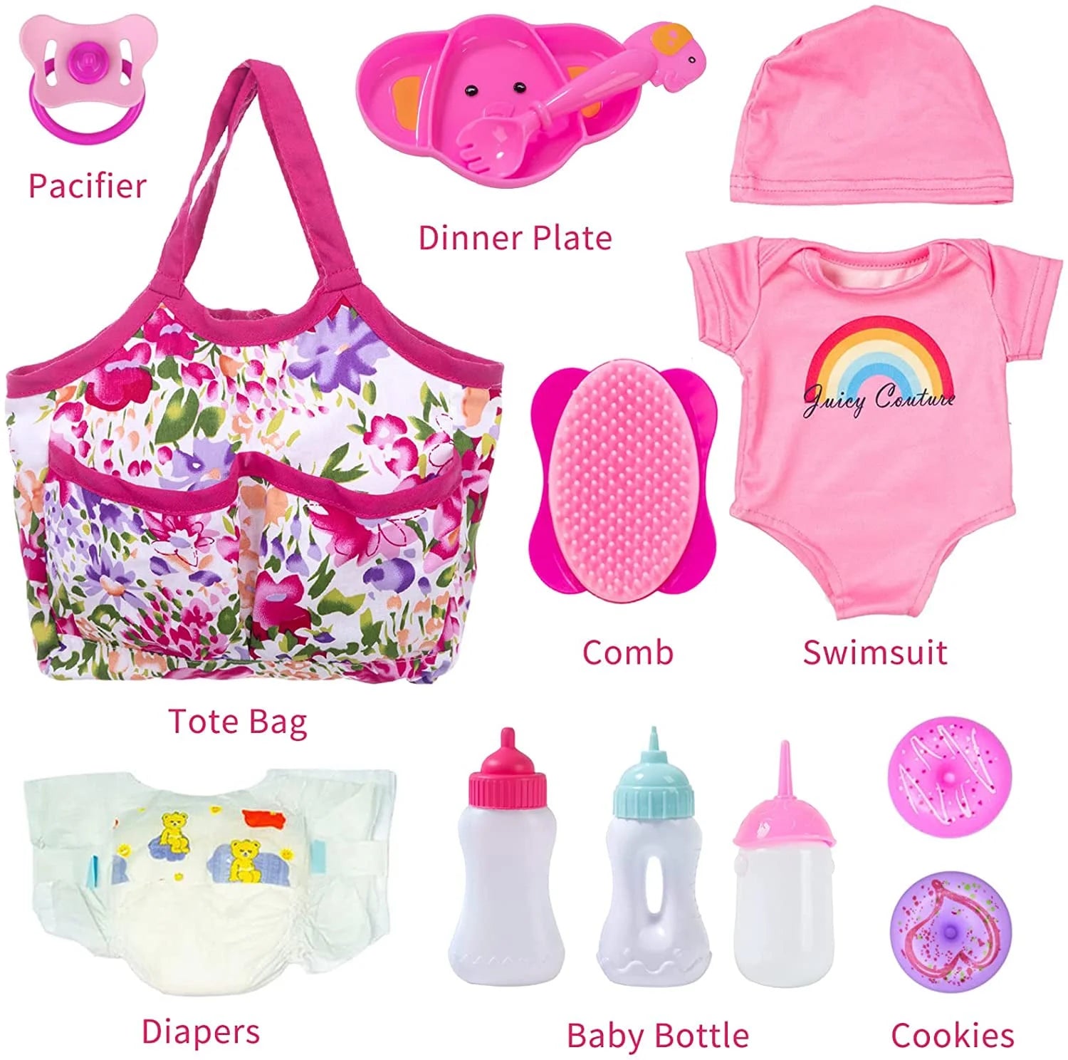 Baby Doll Accessories 13 Pcs Baby Doll Feeding and Caring Set Babies Pretend Doll Accessories Including Baby Doll Diaper Bag, Diapers, Clothes, Bottles, Dinner Plate, Pacifier and Comb