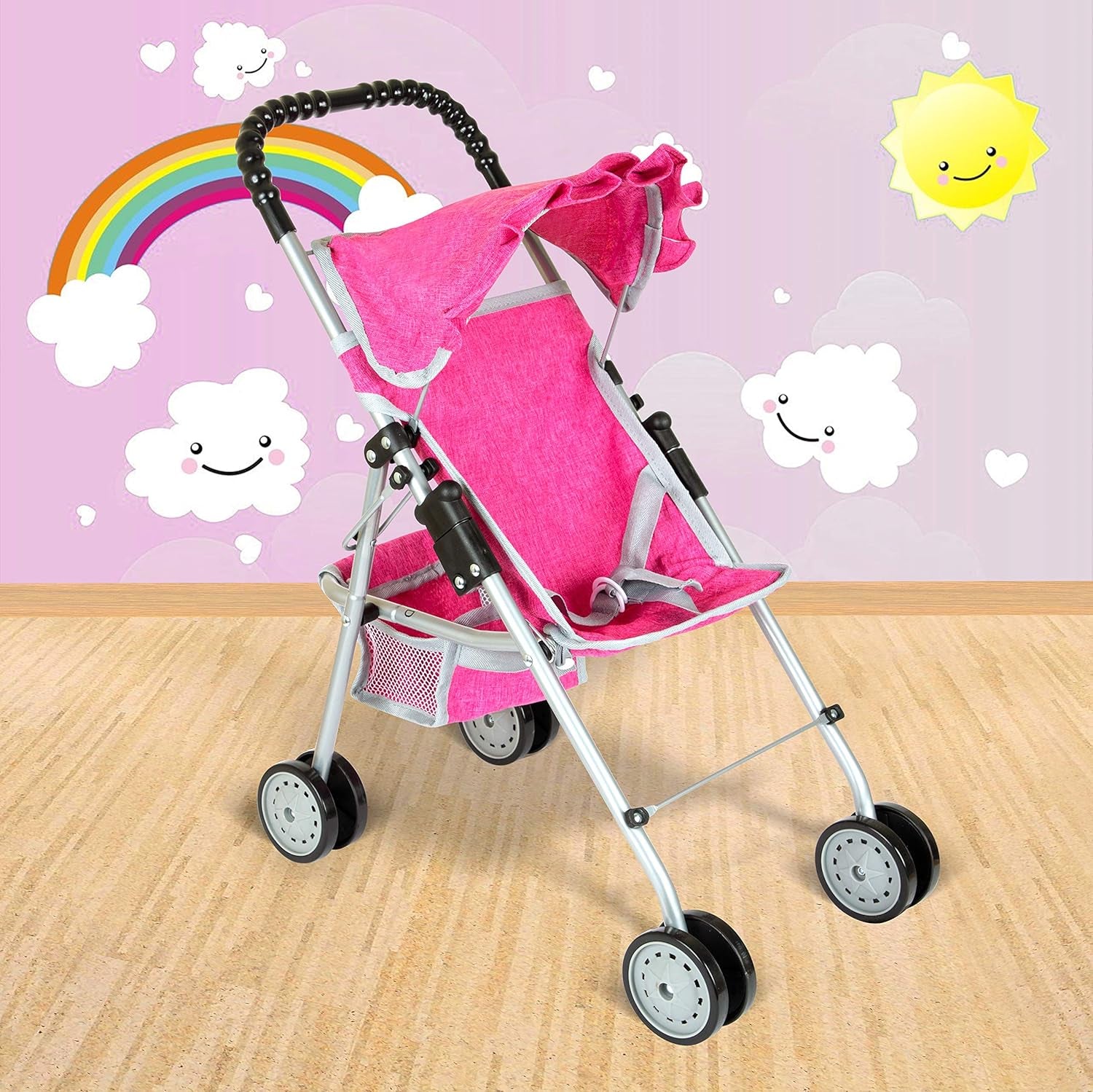 Doll Stroller with Basket, My First Denim Pink Foldable Baby Doll Umbrella Doll Stroller Fits Upto 18" Dolls, Gift Toys for Girls,Baby Doll Accessories Include 2 Free Magic Bottles