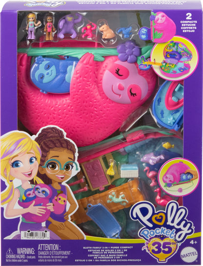 Dolls and Micro Playset, Travel Toys, Sloth Family 2-In-1 Purse Compact and Accessories