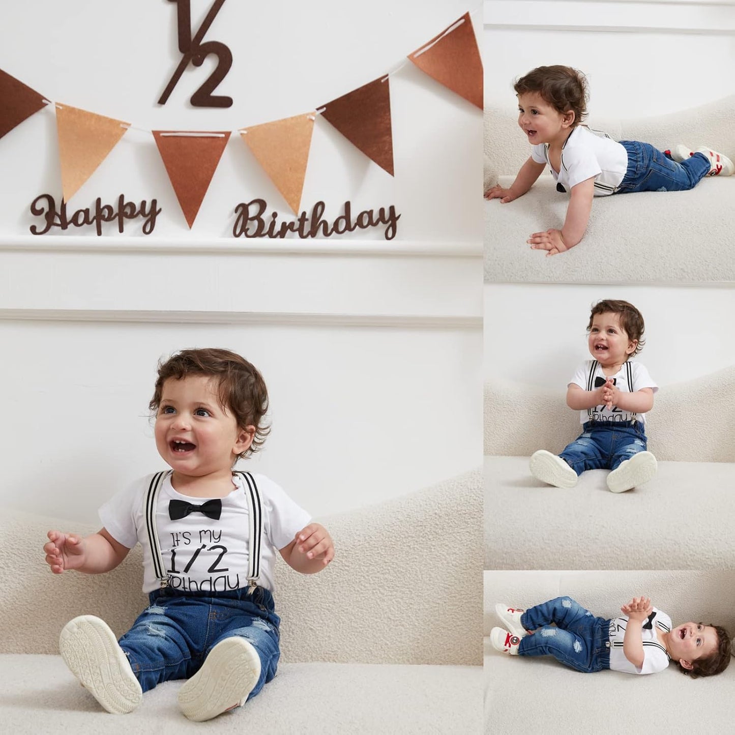 Toddler Baby Boy Birthday Clothes Set Bowtie Romper Suspenders Ripped Denim Pants Outfits