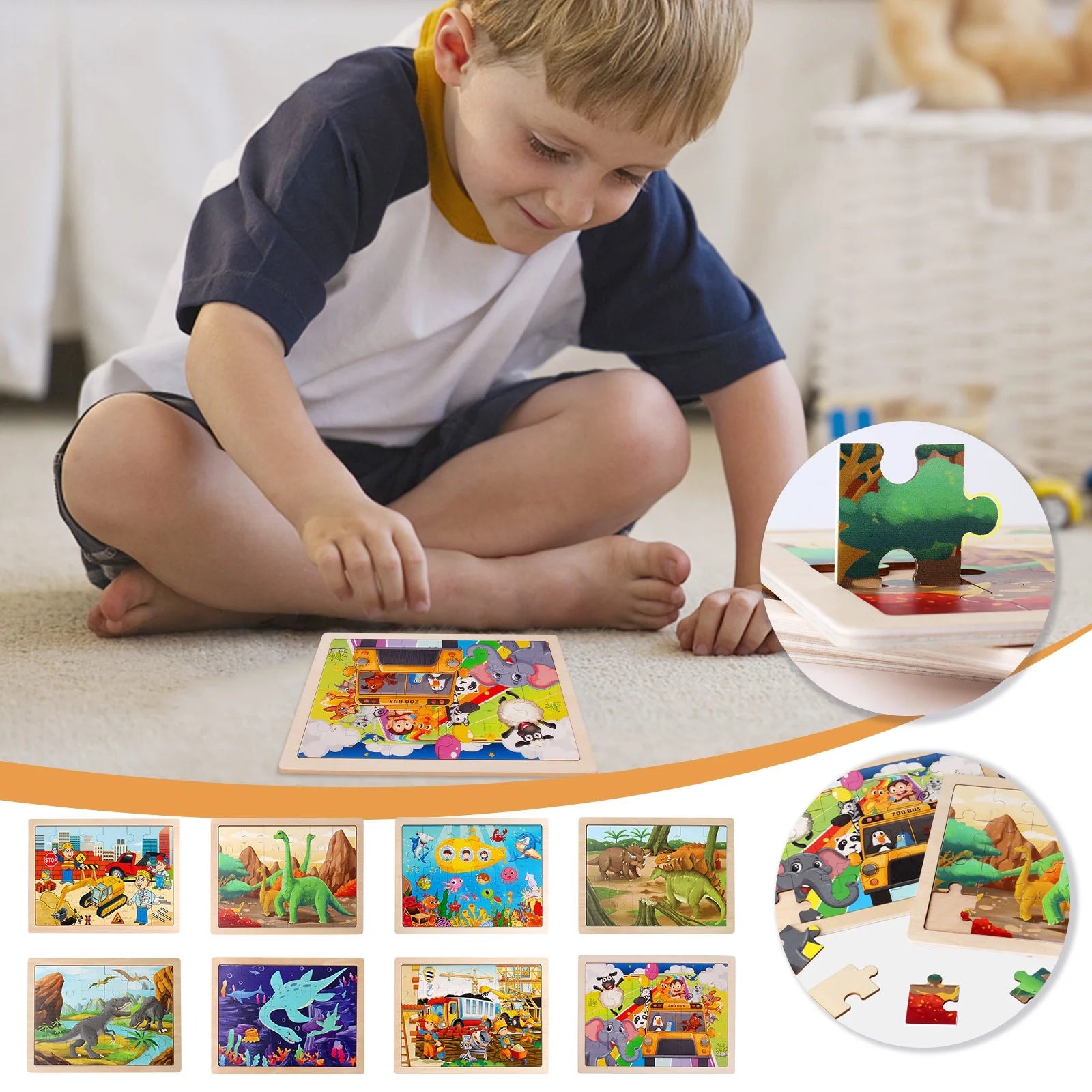 Wooden Jigsaw Puzzles for Kids Ages 3-5 Years Old 24 Pieces, Preschool Puzzle Toy Gift for Children Boys and Girls, Dinosaur Animal Construction Theme